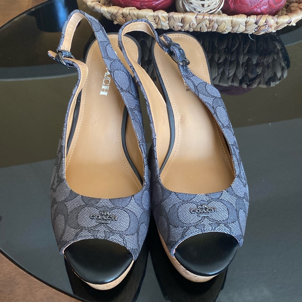 Coach Ferry signature C Jacquard calf black smoke black wedge cork shoes